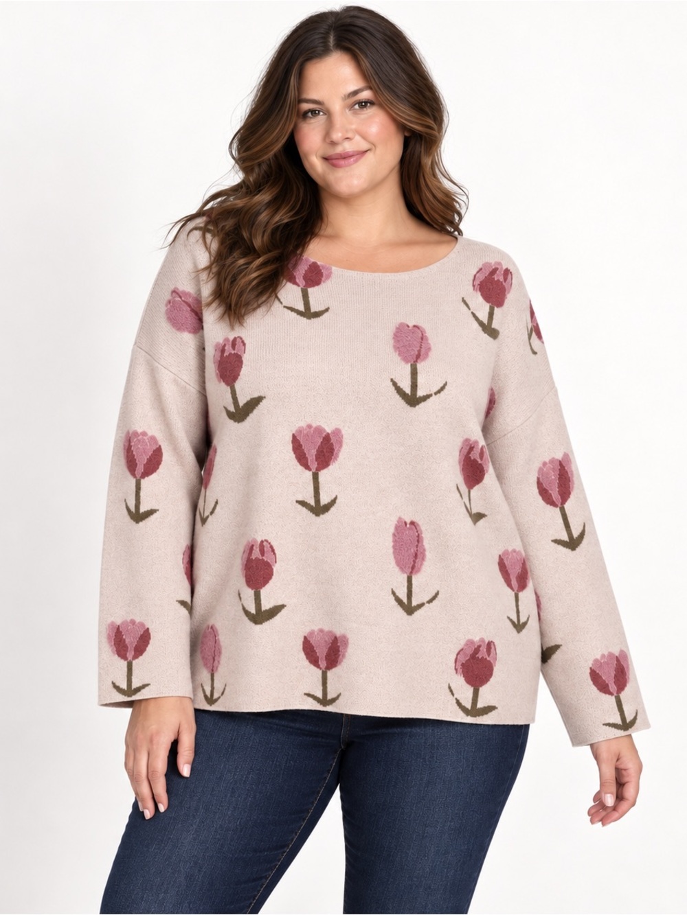 MWT Tahari Plus Size 2X Tulip Floral Jacquard Knit Sweater Pink Ivory
